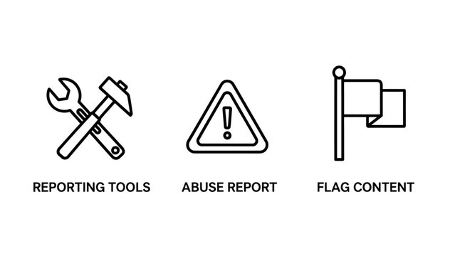 Reporting tools and content moderation line icon set with reporting moderation compliance security customer technical maintenance attention triangle protection internet monitoring business