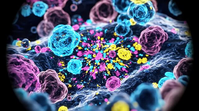 Microscopic View of Colorful Cellular Structures in Scientific Research - This video captures a vibrant, detailed view of various cellular structures as seen under a microscope.