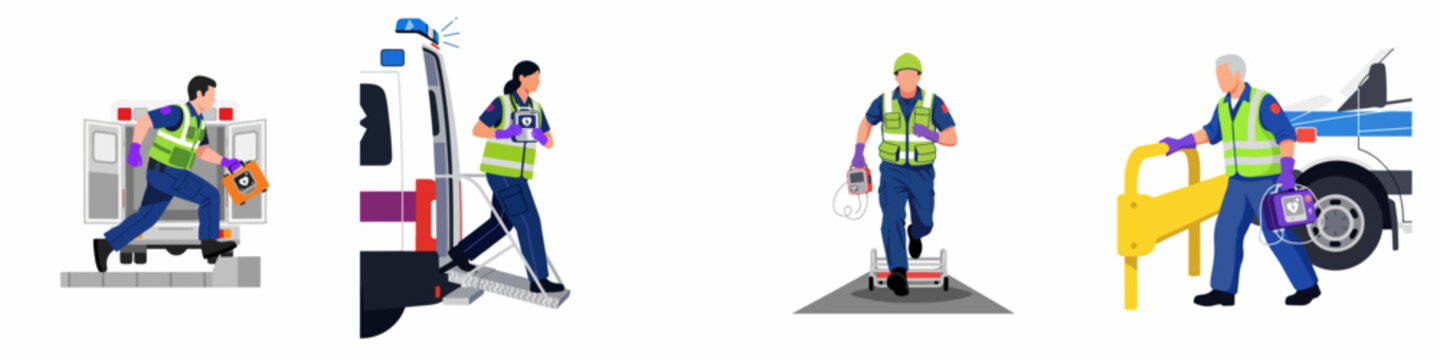 Emergency medical paramedics responding to calls with defibrillators and ambulances in flat vector illustration style.