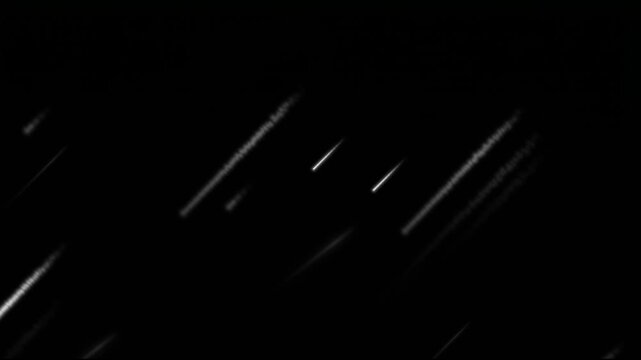 White Falling Stars and Meteor Shower Streaking Diagonally on Black Background, Sci-Fi Outer Space Overlay Concept for Cinematic Video Editing and Filmmaking VFX, 4KHD Seamless Loop