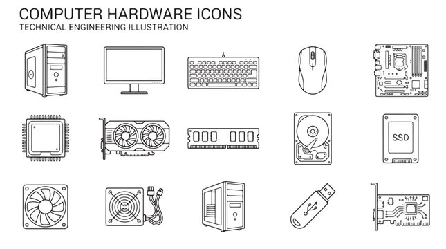 Computer hardware icons set, technical engineering illustration of PC components, minimalist line art vector of electronic parts and peripherals