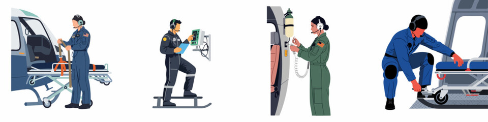 Set of air ambulance flight crew illustrations featuring medics and paramedics preparing medical equipment and stretchers for emergency helicopter transport missions. © Nia