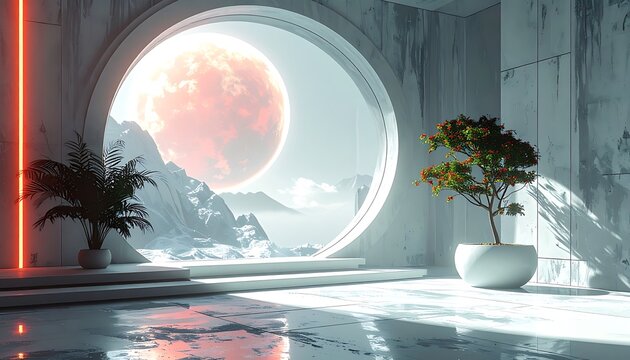 A futuristic room with a large round window showing a planet