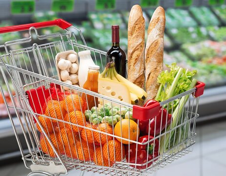 Shopping Cart Filled with Fresh Groceries in Supermarket.