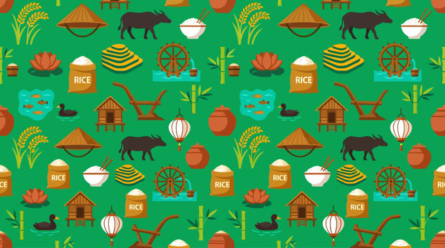 Seamless Pattern of Traditional Vietnamese Cultural Elements and Rural Life.