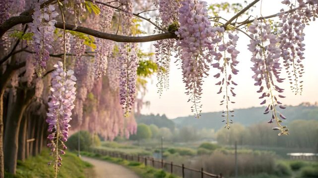 Wisteria flowers hanging in a gentle breeze during golden hour with a soft focus background