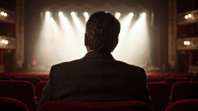 Person Seated Alone in Empty Theater Facing Distant Stage Lights - A man sits alone in a dim, empty theater, his back to the viewer, facing a brightly lit distant stage.