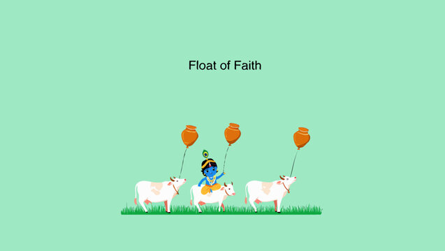 Lord krishna with cows floating on faith in the sky with balloons