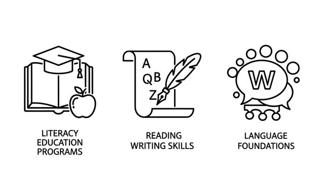 Set of education and literacy icons representing learning skills with education literacy learning knowledge academic alphabet language development training classroom vocabulary communicatio