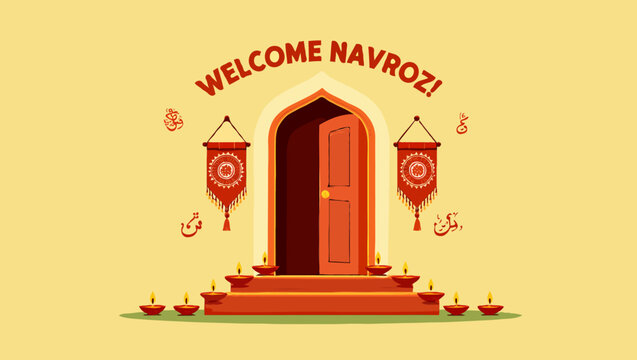 Welcome navroz greeting card with door and candles for persian new year