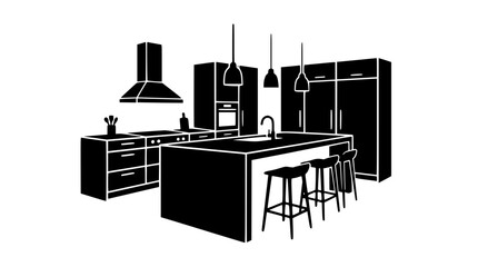 Fototapeta premium Modern Kitchen Interior Silhouette Illustration with Island and Bar Stools