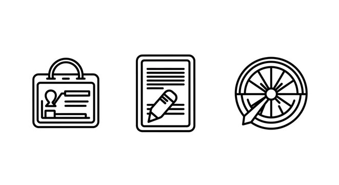 Business process workflow icons including identification document editing and target goal setting with identification document business workflow planning management strategy achievement