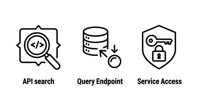 Set of api and data management icons showing search query and security access with database endpoint security programming software development internet technology illustration information