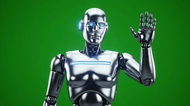 Futuristic Robot Waving Hello on Green Screen - A sleek, shiny metallic robot with glowing blue eyes waves its hand in a friendly greeting against a vibrant green screen background.