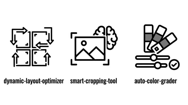 Digital image processing and workflow automation icons showing layout optimization and smart cropping with optimizer cropping processing automation workflow software development interface