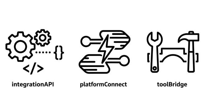 Technology icons for api integration platform connection tool bridging with integration brackets settings connection platform lightning transfer software development technology illustration