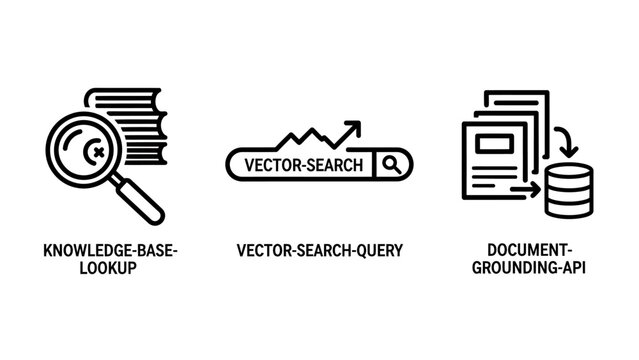 Icons for knowledge base lookup vector search query document grounding api knowledge magnifying document grounding database information research retrieval intelligence artificial