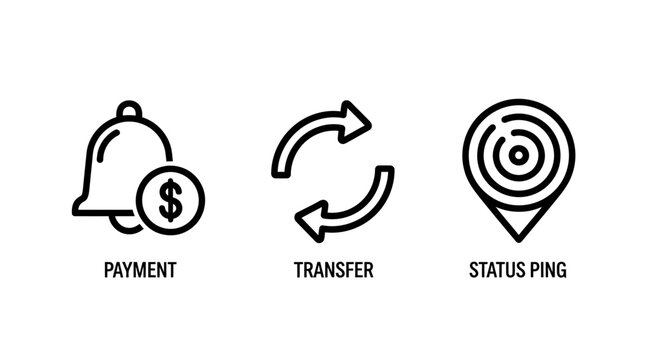 Financial transaction icons featuring payment notification money transfer cycle location status ping symbols transfer transaction notification location currency exchange business