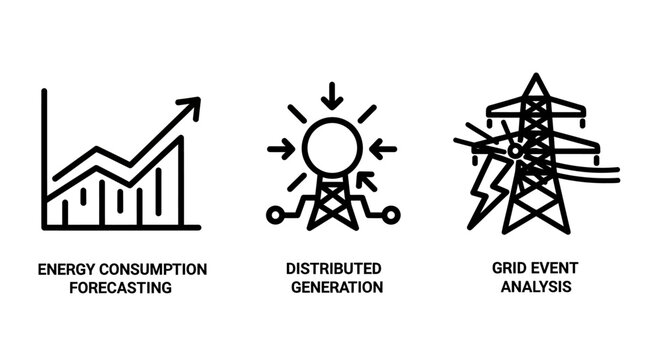 Energy grid monitoring icons set illustrating power consumption forecasting distributed generation transmission network event analysis consumption forecasting distributed generation