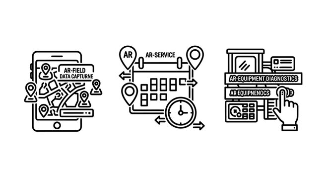 Augmented reality and digital mapping service interface icons with augmented navigation smartphone interface location technology calendar tracking interactive management business planning