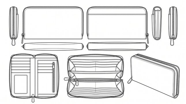 Technical Flat Sketch Zip Around Wallet Design Vector with Multiple Views and Interior Detail