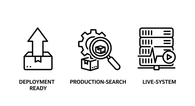 Deployment ready production search and live system monitoring icons with deployment production software infrastructure business management automation computing database development hardware