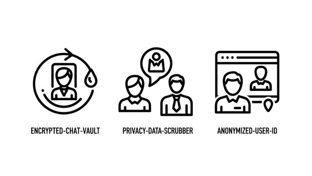 Data privacy and secure user communication icon set with encrypted scrubber anonymized security communication protection illustration cybersecurity confidentiality anonymity encryption