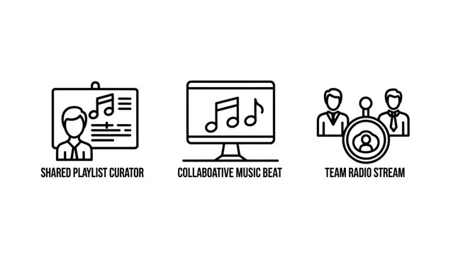 Set of three linear icons representing shared music playlist duration collaborative music beats and team radio stream with playlist collaborative entertainment duration connection collaboration