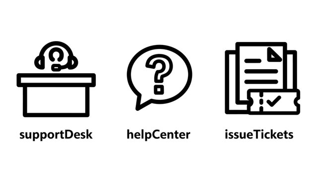 Support desk help center and issue ticketing system icons with customer assistance communication operator question document feedback solution management business technical information