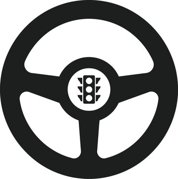 Clean geometric steering wheel design with tiny minimalist traffic light icon positioned right at center hub flat solid vector graphic