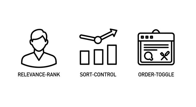 Data management icons showing user relevance rank sort control and order toggle settings relevance management interface settings analytics filtering business optimization analysis software