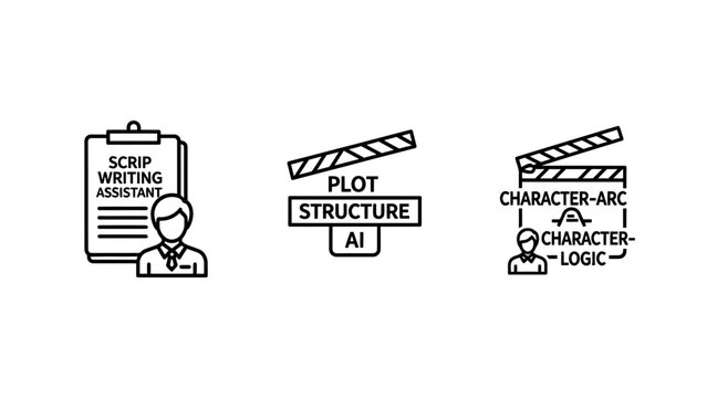 Creative writing process icons including script writing assistant plot structure AI and character logic structure character creative storytelling assistant artificial intelligence narrative
