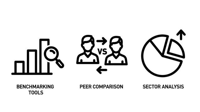 Business benchmarking tools peer comparison sector analysis data visualization icons with benchmarking comparison analysis visualization business strategy performance analytics statistics
