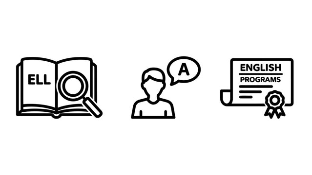 English learning and certification icons: book person speaking diploma with magnifying glass speech bubble letter a language acquisition online learning education language letter