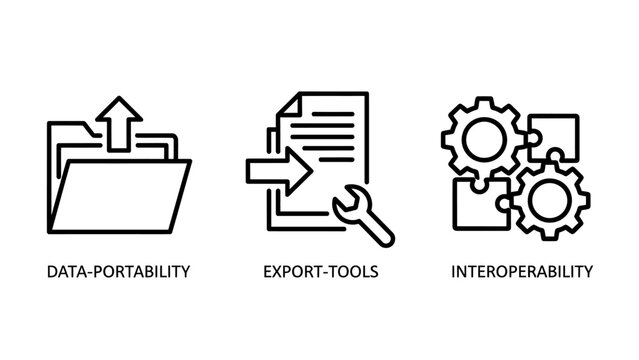 Data portability and system interoperability technical line icon set with portability interoperability integration software transfer engineering technical connectivity settings document