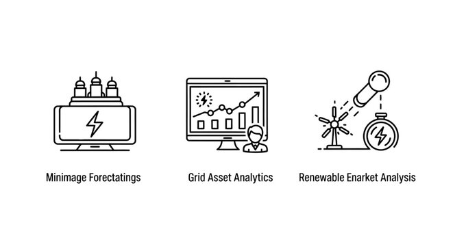 Set of three linear icons representing energy monitoring grid asset analytics renewable energy analysis monitoring analytics renewable electricity analysis infrastructure technology