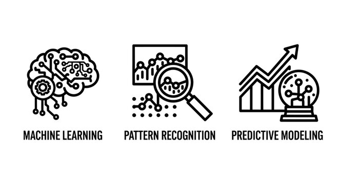 Machine learning pattern recognition predictive modeling icons with brain magnifying glass graph artificial intelligence data science neural network big data analytics algorithm technology