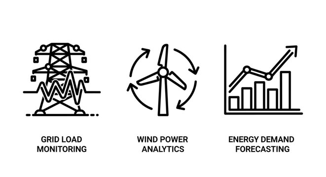 Energy grid analytics and wind power forecasting icons with analytics forecasting monitoring electricity renewable business sustainability infrastructure optimization distribution planning