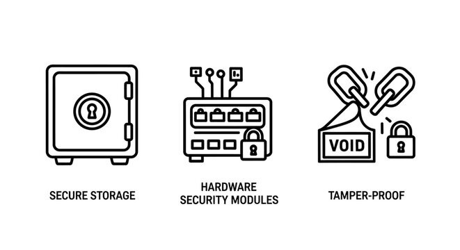 Data security and hardware integrity vector line icon set with security protection hardware encryption technology infrastructure information authentication cybersecurity vulnerability