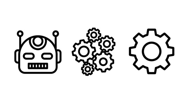 Robot head interlocking gears single gear industrial automation concept icons with automation mechanical technology artificial intelligence engineering industrial robotics manufacturing