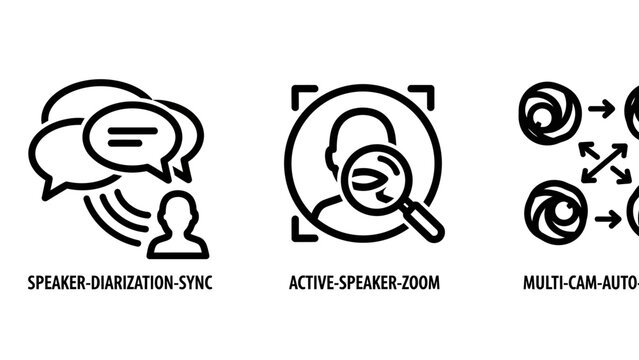 Speaker diarization sync active speaker zoom multi-camera auto-switching communication icons with communication conference technology connection collaboration software interface interaction