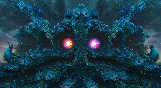 Ilustra&ccedil;&atilde;o abstrata de um pav&atilde;o com olhos brilhantes e penas coloridas.