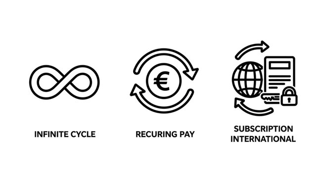 Financial infinite cycle and international subscription icons with infinity currency subscription document financial recurring international business membership security commerce marketing