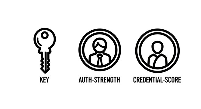 Security and authentication line icons featuring a key user auth strength and credential score security authentication credential identity protection verification password cybersecurity