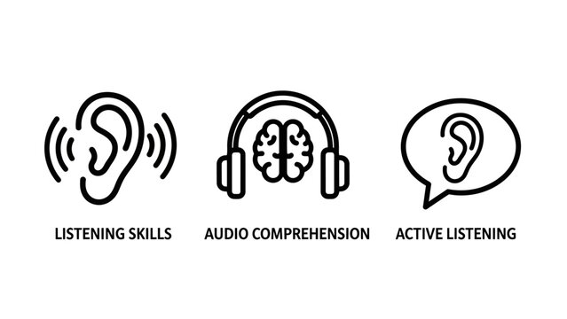 Educational icons for listening skills audio comprehension and active listening with listening comprehension education communication learning training understanding cognitive intelligence