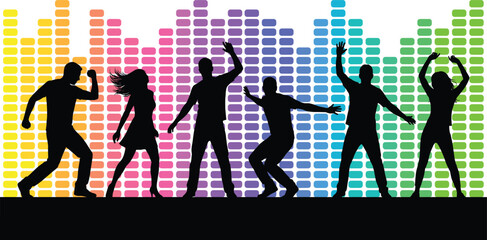 Silhouette group dancing with colorful equalizer bars representing music rhythm, nightlife energy, and celebration concept © Joy