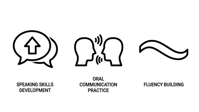Set of educational icons representing speaking skills and oral communication practice with communication speaking education learning dialogue language conversation development practice
