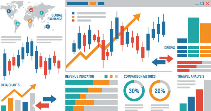 Financial charts illustrate global exchange trends and revenue indicators with comparative data visualization metrics.