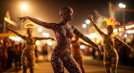 Dançarinos com trajes vibrantes se apresentam em um festival noturno com iluminação festiva.