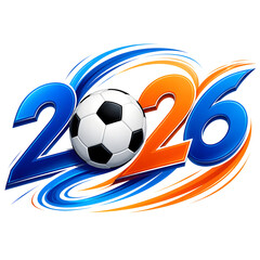 Obraz premium 2026 Soccer Championship Graphic: A dynamic graphic featuring the year 2026 intertwined with a soccer ball, surrounded by swirling ribbons of blue and orange.